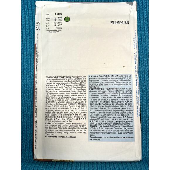 Butterick 3219 plush posies Moo-vable cows sewing pattern - Picture 3 of 5